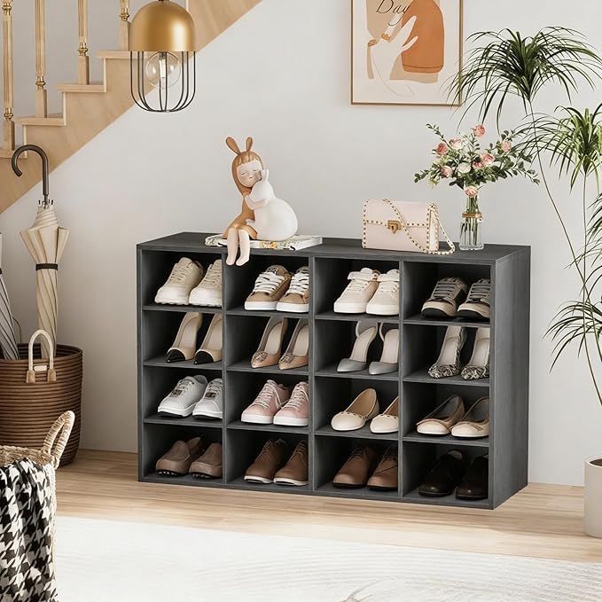 Garden 4 you Shoe Storage Bench, Cubby Shoe Rack with 16 Cubbies, 4-Tier Wood Shoe Rack Organizer, Shoe Organizer Cabinet for Entryway, Hallway, Closet and Garage, Black