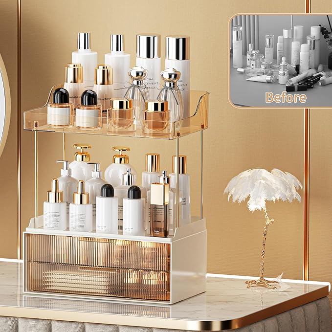 Shuang Qing 2-Tier 2-Drawer Bathroom Countertop Organizer - Multi-Purpose Makeup Storage Rack for Vanity, Cosmetic Counter Organizer (Gold)