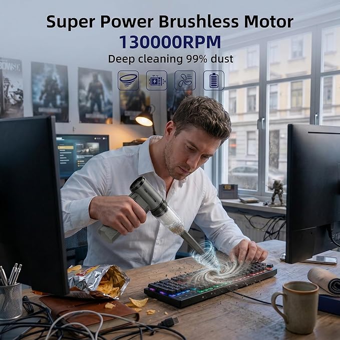 ODISTAR Compressed Air Duster - 130000 RPM Super Power Electric Air Duster, Rechargeable Cordless Air Blower with Stepless Speed Adjustable for Computer, Keyboard, Car, Home, Office