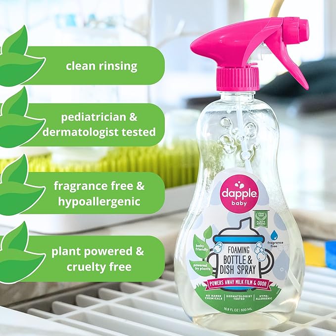 Dapple Baby Bottle & Dish Foaming Power Spray, Hypoallergenic Dish Soap for Baby Bottles, Powered by Plants, Fragrance Free, 16.9 Fl Oz (Pack of 2)
