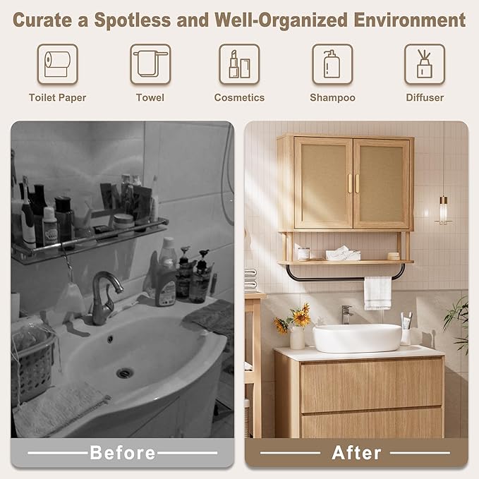 INNOD Rattan Bathroom Wall Cabinet with Towel Bar, Wall-Mounted Medicine Cabinet with Adjustable Wood Shelf & Doors, Over The Toilet Storage Cabinet for Laundry Room & Kitchen & Living Room