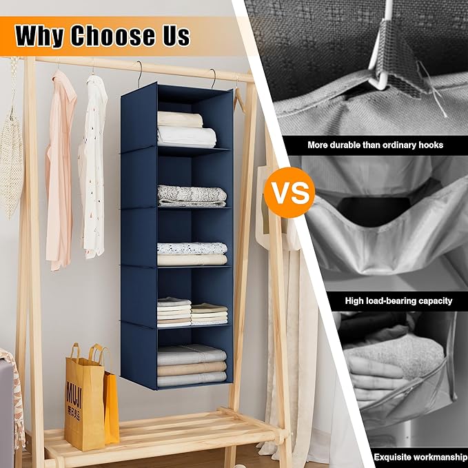 Hanging Closet Organizer and Storage 5-Shelf, Easy Mount Foldable Hanging Closet Wardrobe Storage Shelves, Clothes Handbag Shoes Accessories Storage, Washable Oxford Cloth Fabric, Navy Blue