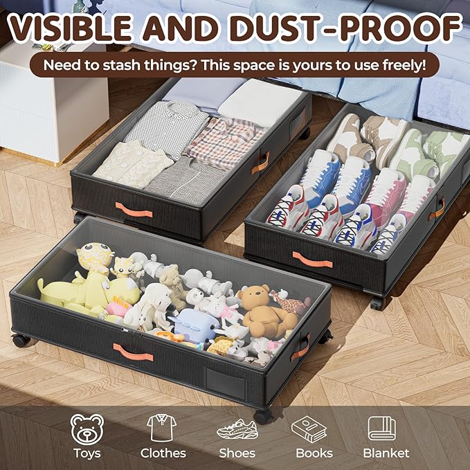 Under Bed Storage with Wheels 2-Pack, Under Bed Storage Containers 66L Clear Lids, Rolling Storage Drawers for Clothes Shoes Blankets, Underbed Organizer Bins(30" L x 16.2" W x 7.5" H)