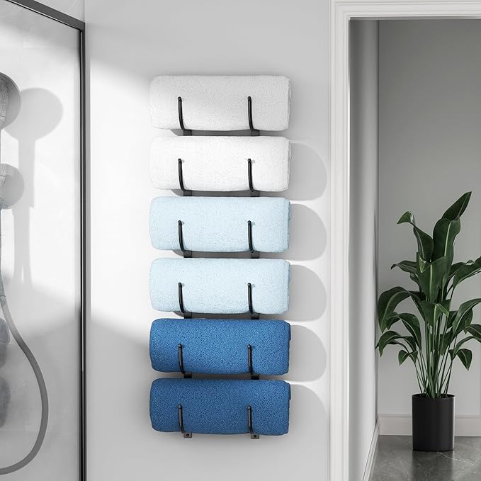 Bathroom Rolled Towel Rack: 6-Tier Wall Mounted Towel Storage Holder, Hanging Organizer for Towels, Blankets, Large Bath Sheets, Space Saving in RV, Closet, Toilet, Cabinet, Black