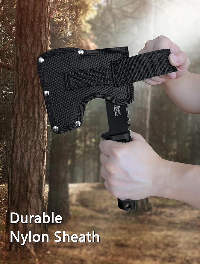 JXE JXO Hatchet, 9.8" Full Tang Camping Axe, Ergonomic Rubber Handle, with Durable Nylon Sheath for Bushcraft and Camping