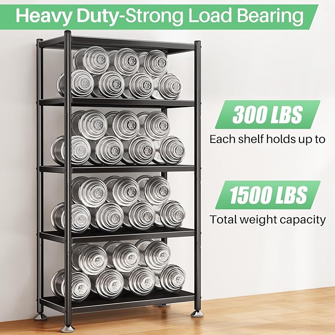 5 Tier Adjustable Storage Shelves, Heavy Duty Metal Storage Rack with Wheels, Shelving Units Utility Shelf for Kitchen, Pantry, Bathroom, Garage, Office Organization and Storage, Black, 13"x24"x59.7"