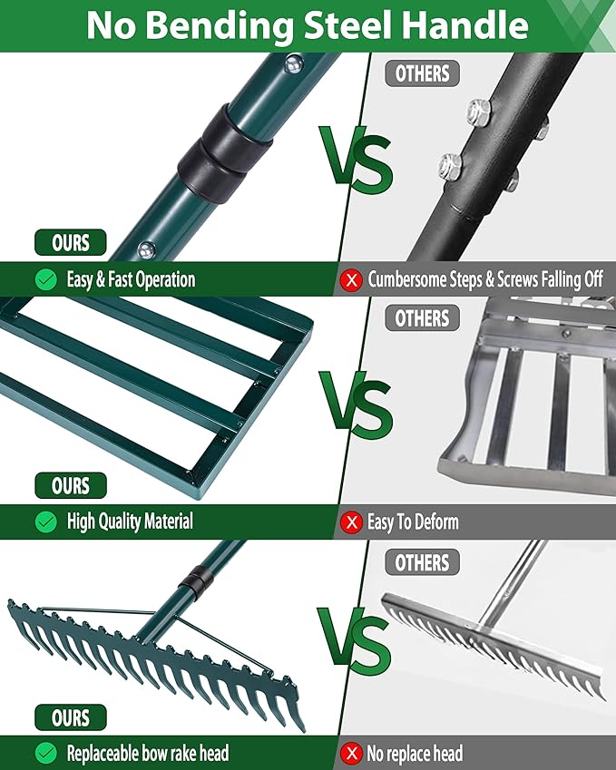 Lawn Leveling Rake, 2 Pack Heavy Duty Lawn Leveler with 30"x10" Ground Plate n 17'' Bow Head,78” Adjustable Long Handle,Level Yard Tool for Grass,Golf Field,Level Soil or Dirt Ground Surfaces-Green