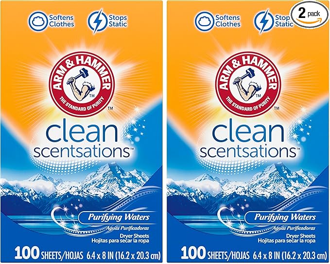 ARM & HAMMER Fabric Softener Sheets, Purifying Waters, 100 sheets (Pack of 2)