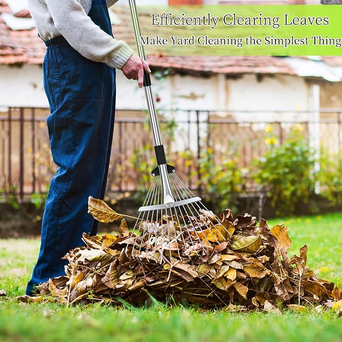 68" Heavy Duty Rake, Metal Leaf Rake with Detachable Handle, Garden Rakes for Leaves with Expandable Tines,Leaf Collector, Rakes for Lawns Heavy Duty Leaves, Debris