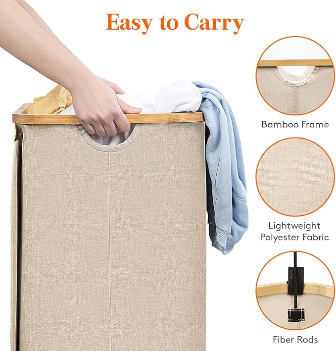Lifewit 150L Laundry Basket with Lid, Clothes Hampers for Laundry with Bamboo Handles and 2 Removable Bag, Large Foldable Laundry Hamper for Bedroom, Bathroom, Dorm, Laundry Room, Beige