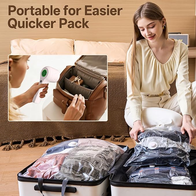 Vacuum Storage Bag with Rechargeable Cordless Pump, 12 Pack Vacuum Seal Space Saver Bags for Clothing Clothes Travel Home