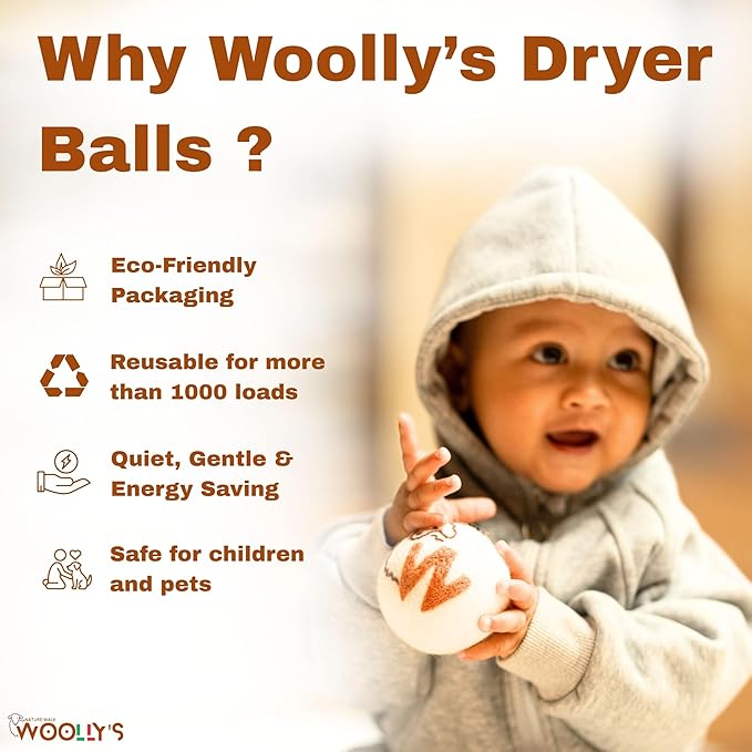 Woolly's Wool Dryer Balls – 100% Pure New Zealand Wool, Reusable Natural Fabric Softener, Reduces Drying Time & Clothes Wrinkles, Chemical-Free Dryer Balls (Pack of 6)