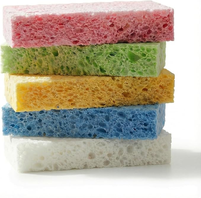 Kitchen Sponges- Heavy Duty Cellulose Scrub Dish Sponge for Tough Messes, Scratch Free & Durable, 100% Biodegradable Pop Up Eco Sponges DIY, 5 Colors Sponges