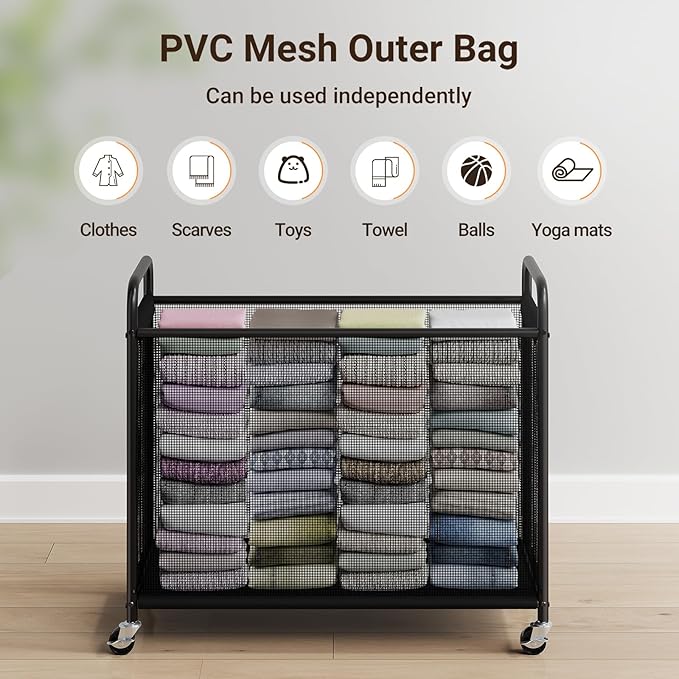 ELYKEN Laundry Hamper 4 Section, 140L Rolling Laundry Sorter with Removable Liner Bag, Laundry Basket with Wheels, Steel Frame with Metal Handle, Clothes Hamper Cart for Laundry Room & Bedroom
