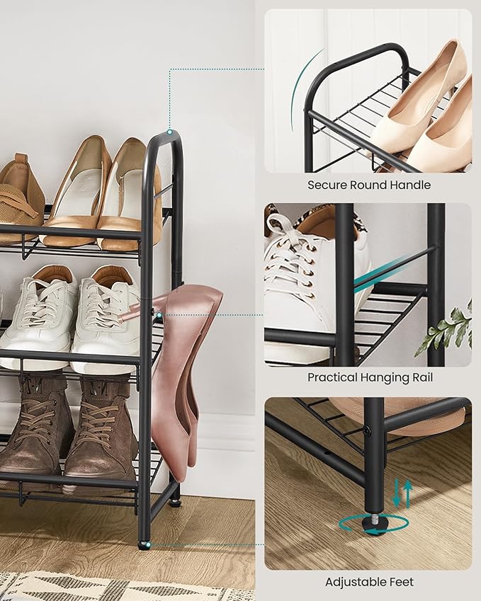 SONGMICS Stackable Shoe Rack, 3 Tier Metal Shoes Rack Storage Shelf, Holds up to 15 Pairs, Adjustable Slanted Shelves Tower Organizer for Closet Entryway Small Spaces, Black ULMR106BD01