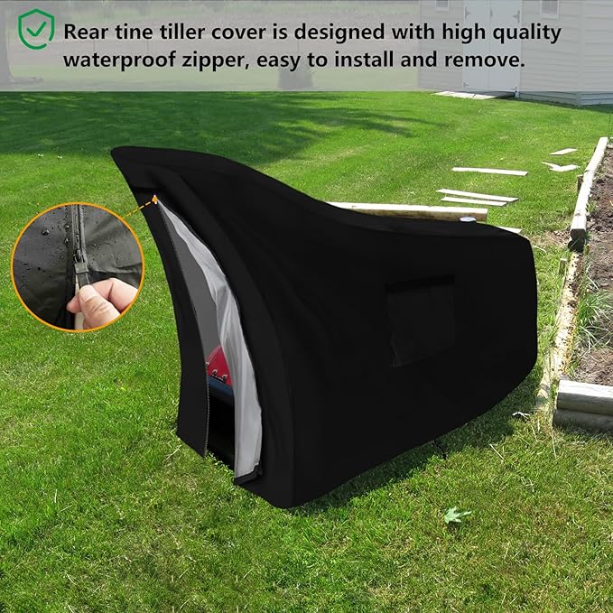 Okcool Gas Rototiller Cover, Universal Waterproof Heavy Duty 600D Rear Tine Tiller Cover with Air Vent (Black)