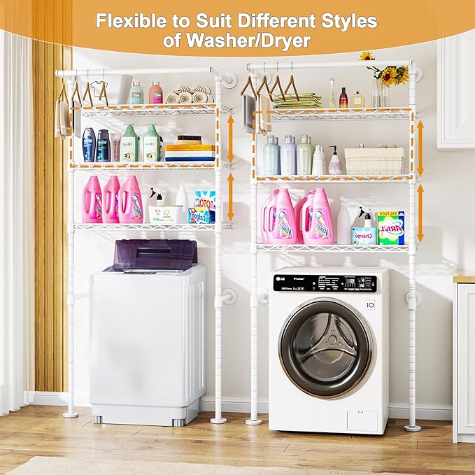 ULIFHOME U17 Wall-Mounted Over The Washer Dryer Shelves Without Moving Machines, Laundry Room Rack with Adjustable Shelves and Hanger Rod, 35" W x 22" D x 86.2" H, Holds 352 lbs, White