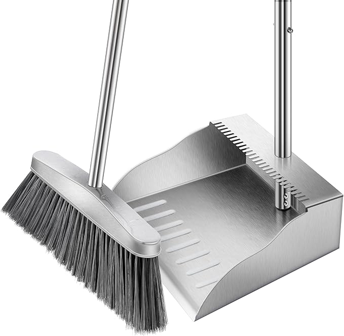 Metal Broom with Dustpan Combo Set-Long Handle Broom with Dustpan,Heavy Duty Standing Dust Pan & Soft Bristles Brooms,Indoor Outdoor Dust Pan Brooms for Home Office Lobby Floor