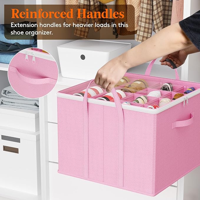 Lifewit 6 Pack Shoe Storage Organizer for Closet, Large Shoe Box Storage Containers with Clear Cover, Foldable Storage Bins Fit for Boots Fits 72-96 Pairs (Each 12-16 Pairs) Pink