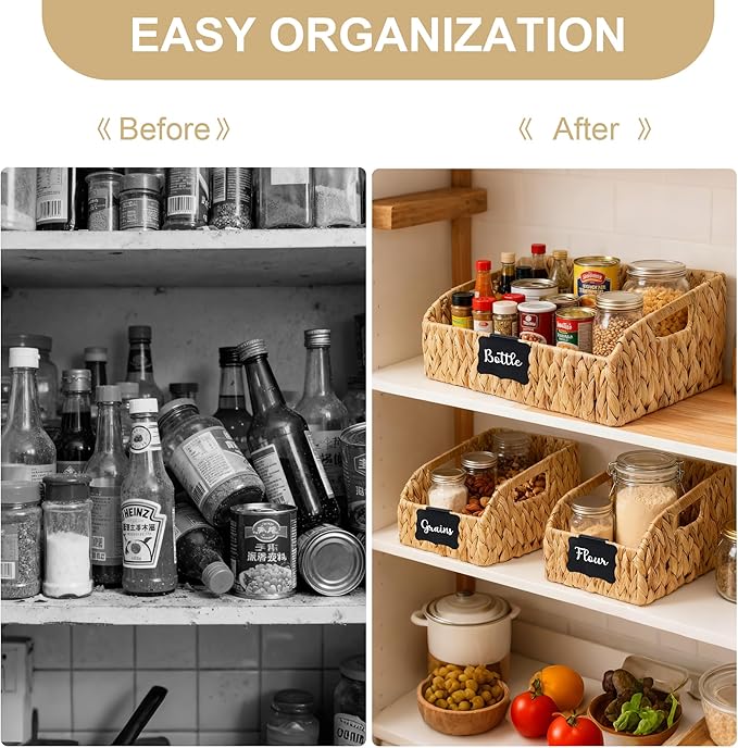 Pantry Organizers and Storage Baskets for Organizing with Handles, Large Wicker Storage Baskets for Shelves, Laundry-Water Hyacinth Storage Bins, Boho Decorative, 3Pack,Natural