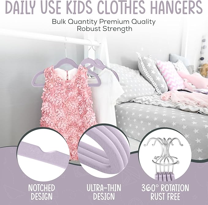 TechZoo 50 Premium Kids Velvet Hangers - 14'' Non-Slip, Ultra-Slim & Space-Saving Hangers - 360° Swivel Hook, Strong & Durable for Children & Preteens - Purple