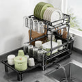 Large 2-Tier Expandable Dish Drying Rack, Heavy Duty Kitchen Countertop Dish Drainer Organizer with Utensil Holder, Extendable Space Saving Plate Storage Rack for Kitchen Sink Counter, Black