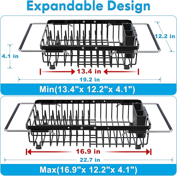 Expandable Stainless Steel Dish Drying Rack Over The Sink For Small Kitchen, Counter Space Saving Compact Black Metal Plate Drain Strainer, Adjustable Hanging In Sink Rust Proof Wire Dryer Holder