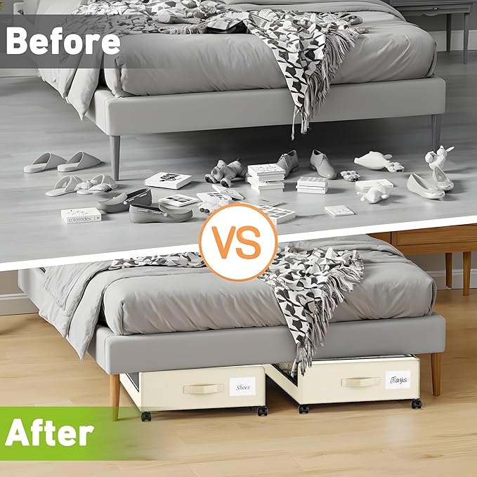 YAASHEEN Under Bed Storage with Wheels, Under the Bed Storage Containers with Clear Lids & Label, Underbed Storage Bins, XXL 60L Rolling Metal Drawer for Clothes, Shoes, Toys, Books (4-Pack Beige)