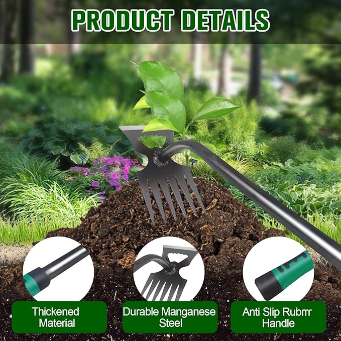 Garden Weeder Puller Tool, 6 Teeth Upgrade Weeding Artifact Uprooting Weed Tool, Manganese Steel Hand Weeder Tool, Dual Purpose Manual Weed Pulling Remover Tool with Rubber Handle
