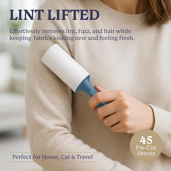 Farberware Fabric Shaver & Lint Remover Set–Battery Operated Sweater Shaver with Triple Blades and Extra Sticky Roller for Pet Hair, Fuzz & Pilling on Clothes, Upholstery & Bedding (Gray/Blue, Small)