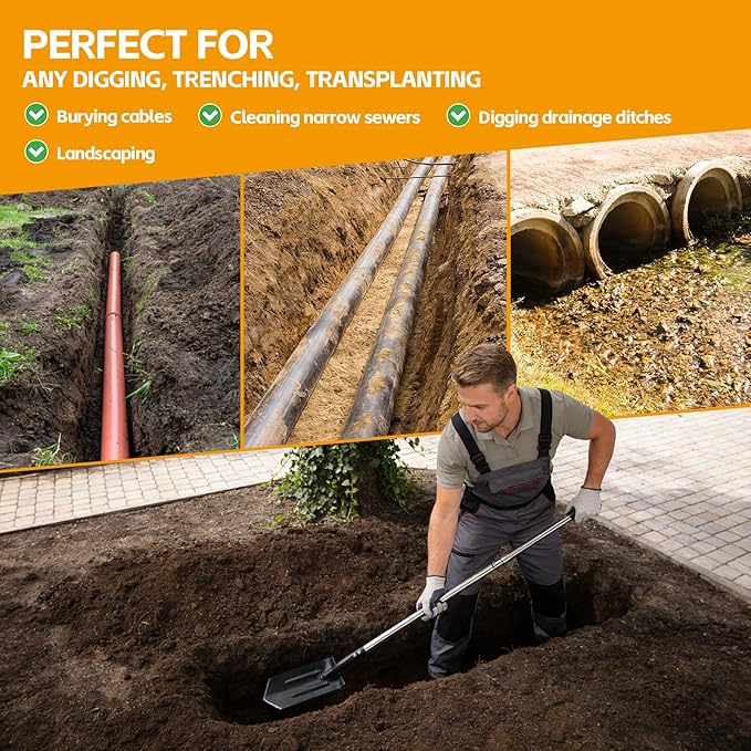 Stainless Steel Trench Shovel,4-Inch V-Shape Narrow Trenching Spade–Heavy Duty Professional Garden & Landscaping Tool with 60-Inch Adjustable Long Handle &Foot Pedal for Digging,Edging,and Entrenching