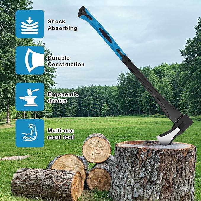 28-Inch Splitting Maul Axe - Heavy Duty Splitting Axe with Forged Steel Head and Shock-Absorbent Fiberglass Handle for Efficient Wood Splitting and Firewood Preparation