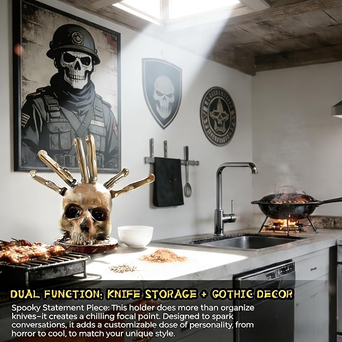 Skull Knife Holder for Kitchen Storage, Funny Skeleton Knife Holder, Creative Horror Kitchen Storage Head Rack, Skeleton Knife Stand for a Scary Party, Unique Fruit Storage Rack Decoration