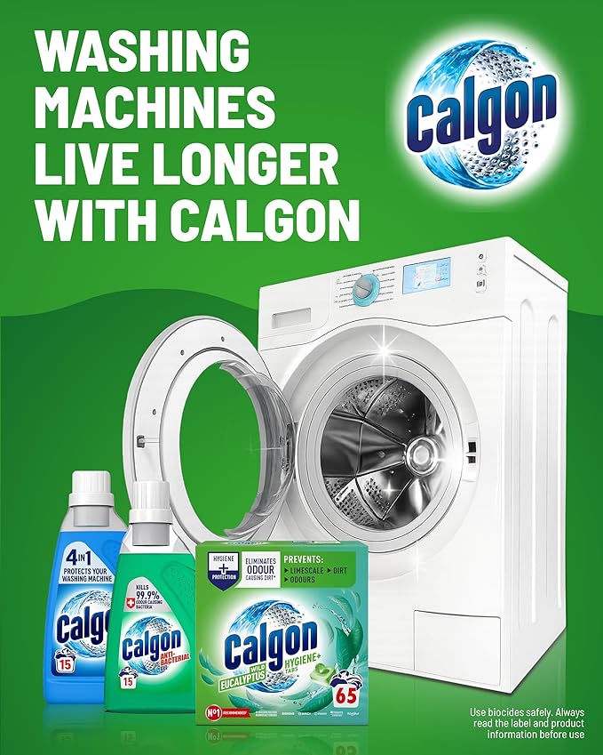 Calgon Hygiene Plus Washing Machine Cleaner & Limescale Remover, Water Softener Tablets, Unscented, 65 Tablets, Pack of 1