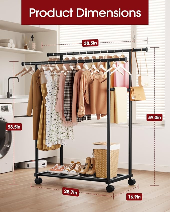 Sakugi Metal Clothes Rack - Double Rod Clothing Rack with Fixed Design and Rolling Wheels, Coat Rack with Built-In Shelf for Closet Organizers and Storage (38.5" x 16.9" x 59.0", Black)