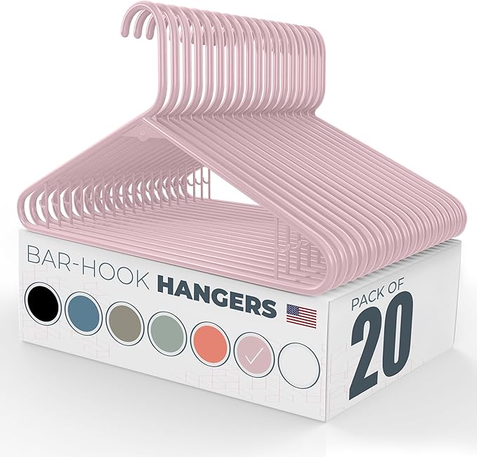 Neaties Plastic Hangers 20 Pack - Made in the USA - 6lb Capacity Standard Clothes Hangers with Strap Hooks for Dresses, Lingerie, Shirts, Pants, and Jackets - Rose
