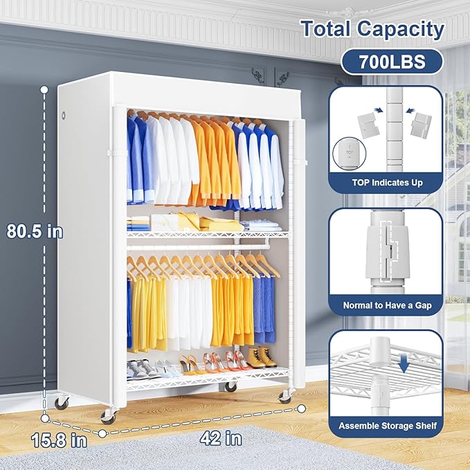 ULIFHOME P8C Pro Heavy Duty Clothes Rack（With Extended Width Design） Rolling Clothing Racks for Hanging Clothes with Lockable Wheels，42" W x 15.8" D x 80.5" H，Load 700LBS，White Rack with White Cover