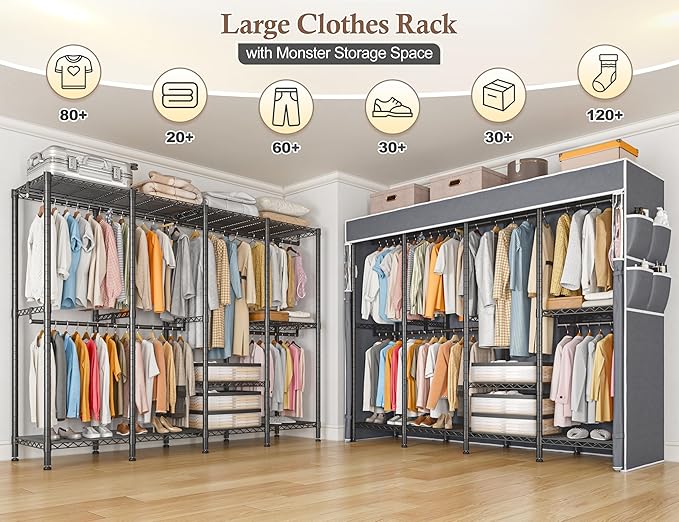 Raybee Clothes Rack with Cover,1100 LBS,Clothing Racks for Hanging with 10 Shelves& 7 Rods,Portable Closet Heavy Duty,Adjustable,Freestanding Garment Rack,Black,75.8" W x 17.7" D x 76.9" H