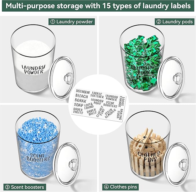 4 Pack Laundry Room Organization Jars - Laundry Storage Containers with Labels & Scoops Hold Pods, Powder, Scent Booster, Beads, Soap, Detergent - Great Laundry Organizer - Clear Acrylic