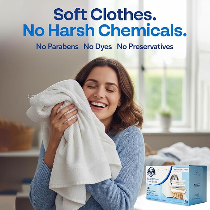 Earth Breeze Fabric Softener Dryer Sheets – Fragrance Free, Hypoallergenic, No Harsh Chemicals, Safe for Sensitive Skin – Static Cling & Wrinkle Reducer – Gentle Fabric Care – Made in USA (2 Pack)