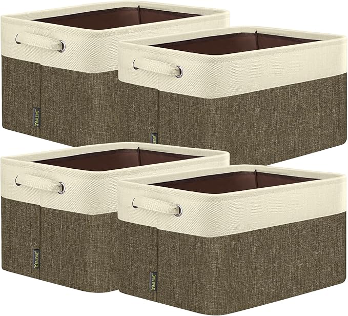BALEINE 4 Pack Fabric Storage Bins for Shelves, Linen Storage Baskets for Organizing, Decorative Closet Bins for Clothes, Home (Brown, 15"x11"x9.5")