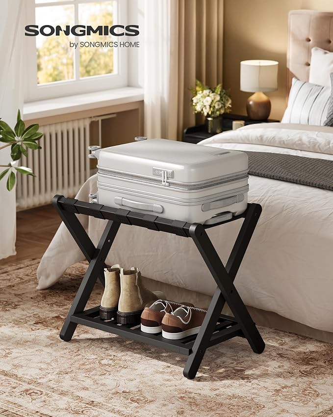 SONGMICS Solid Wood Luggage Rack, No Assembly Required, Foldable Suitcase Stand, Luggage Holder, with Storage Shelf, for Guest Room, Hotel, Bedroom, Ink Black URLR020B02