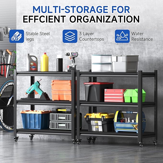 Standing Storage Racks,3 Tier Garage Shelving Heavy Duty Adjustable Garage Shelves,Large Modular Shelving Unit Storage Organizer for Kitchen/Bathroom/Pantry/Office-Assembly Required(Black)