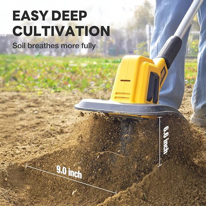 Alloyman 20V Cordless Tiller Cultivator, 360RPM Electric Garden Tiller, with 2 * 2.0Ah Batteries & Charger, 9In Tilling Width and 6.6In Depth Garden Rototiller for Lawn/Gardening/Soil Cultivation