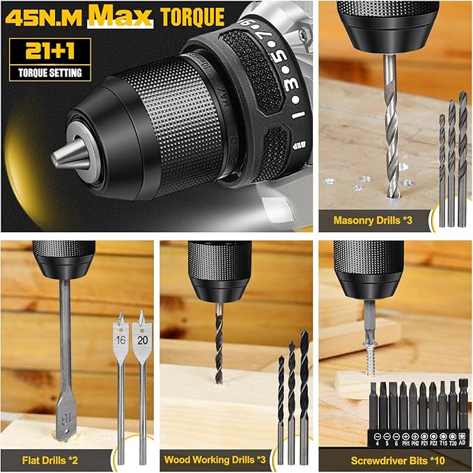 119 Pcs Cordless Drill Tool Kit Set; 20V Brushless Power Drill with 2.0Ah Battery, 10mm 3/8" Keyless Chuck, 60N.M & 21+1 Torque Setting Power Tool Set for DIY Garden House Office Repai