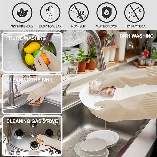 Mamison 2 Pairs Reusable Waterproof Household Dishwashing Cleaning Rubber Gloves, Non-Slip Kitchen Glove (Ivory, Medium (Pack of 2))