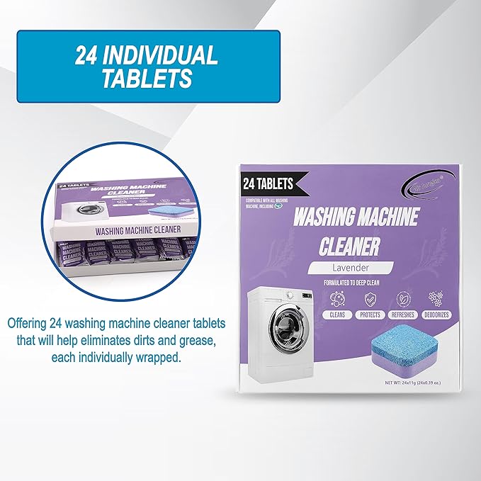 Air Jungles Washing Machine Cleaner Tablets 24 Count, Lavender Scent, Deep Cleaning Laundry Washer Drum and Tub, Compatible with Front and Top Load Washer, 12 Month Supply