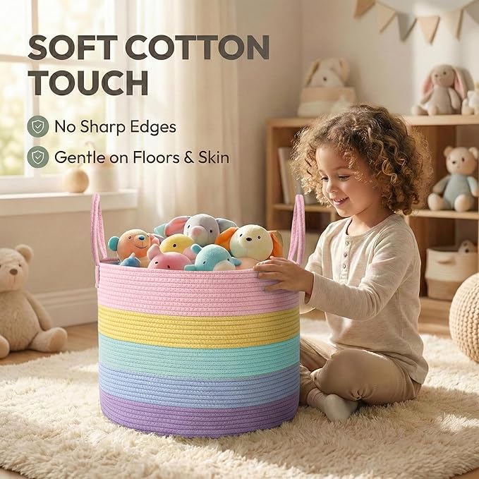 JMvicyroam 65L Extra Large Blanket Basket for Living Room - Woven Cotton Rope Laundry Hamper with Reinforced Handles - Storage Bin for Pillows, Comforters & Toys - Machine Washable,Rainbow