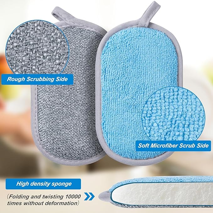 Dual-Sided Multi-Purpose Scrub Sponges, Non-Scratch Dishwashing Sponges for Kitchen, Reusable Microfiber Sponge for Efficiently Cleaning Dishes, High Density Sponge Inside (6 Pack, Medium 3 Color)