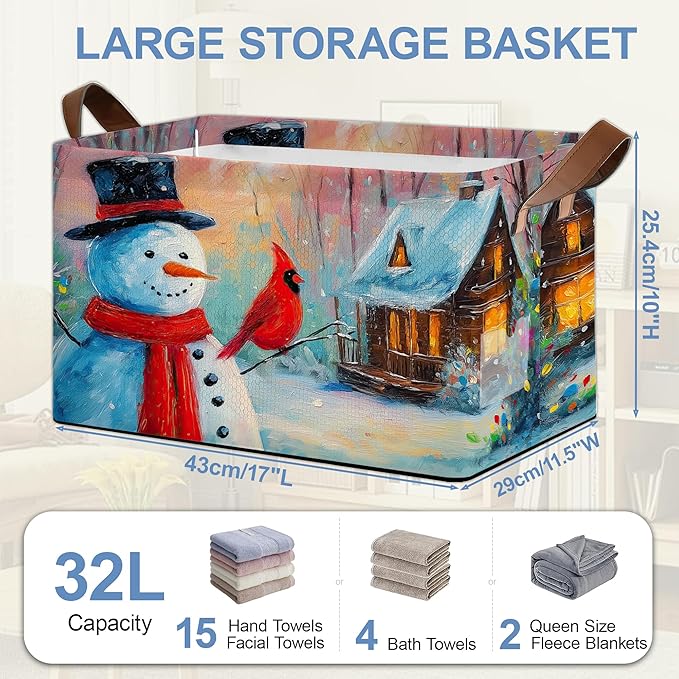 Snowman Christmas Storage Basket with Handles,Red Cardinal Collapsible Rectangle Organizer Bin for Room Decoration Books Box Baskets 17x11.5x10Inch